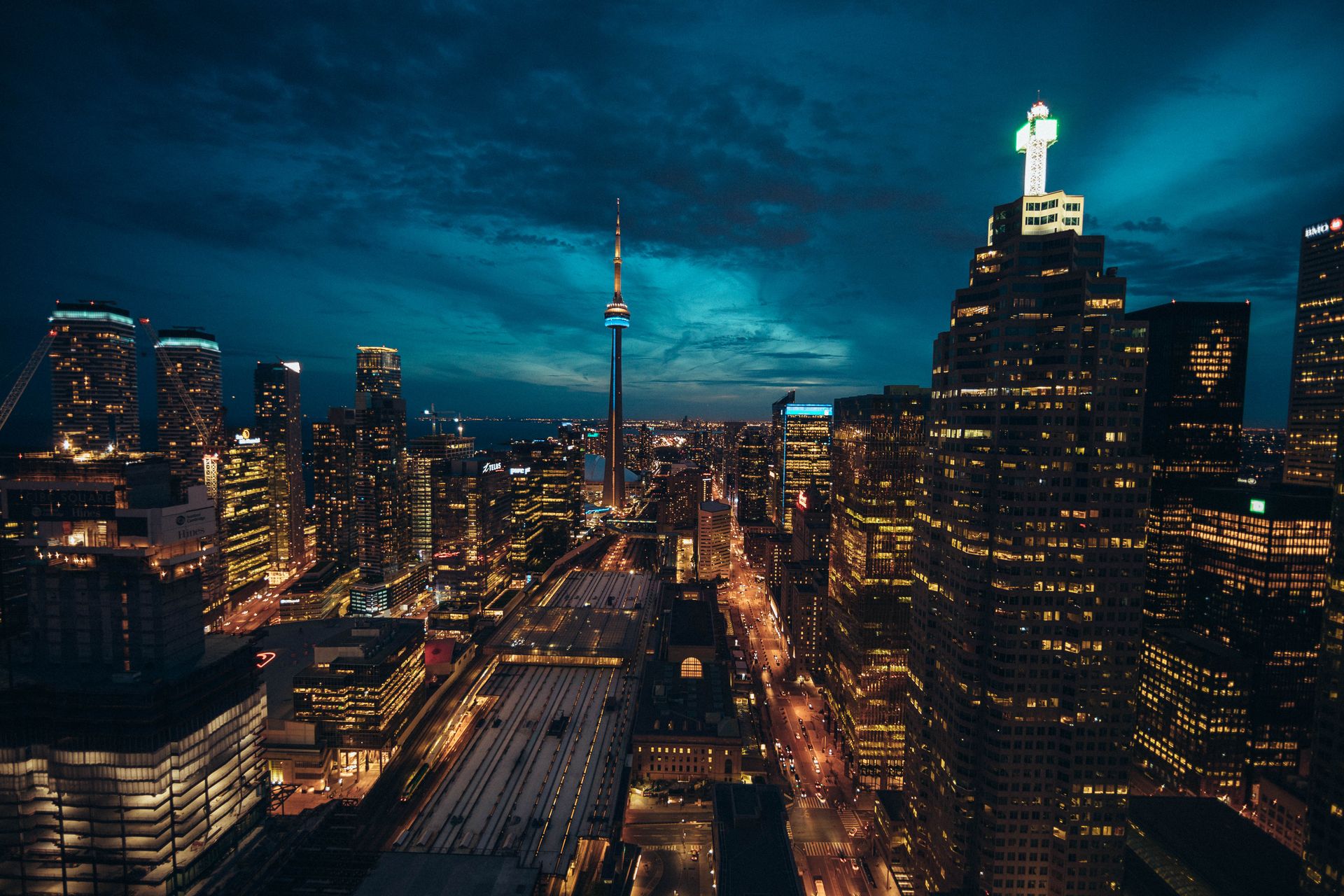 Toronto skyline and CN Tower illuminated at night
