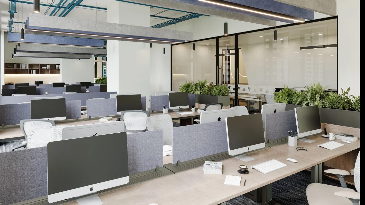 Desk pods with workstations