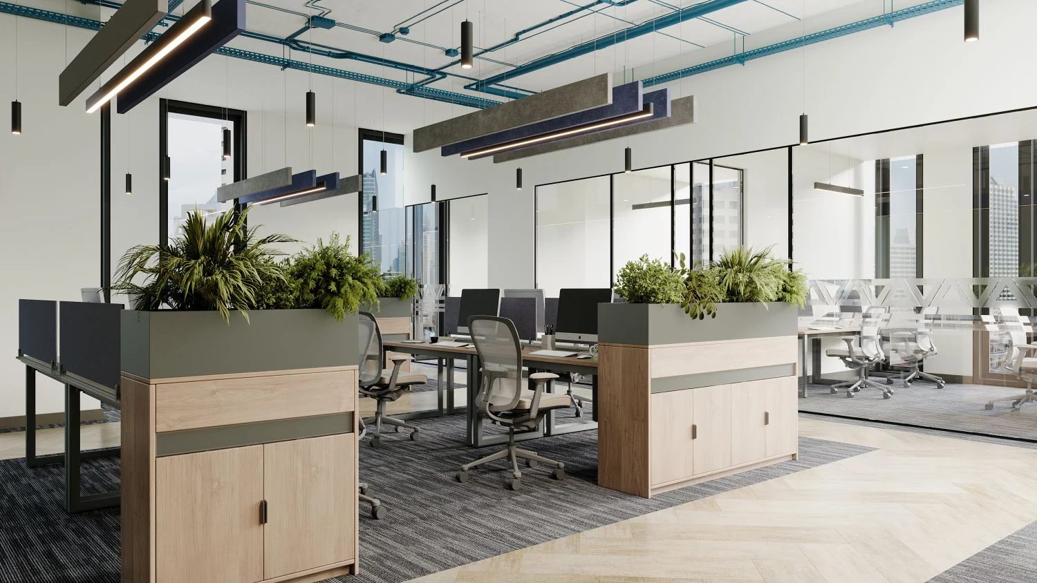 Modern open office with acoustic baffles